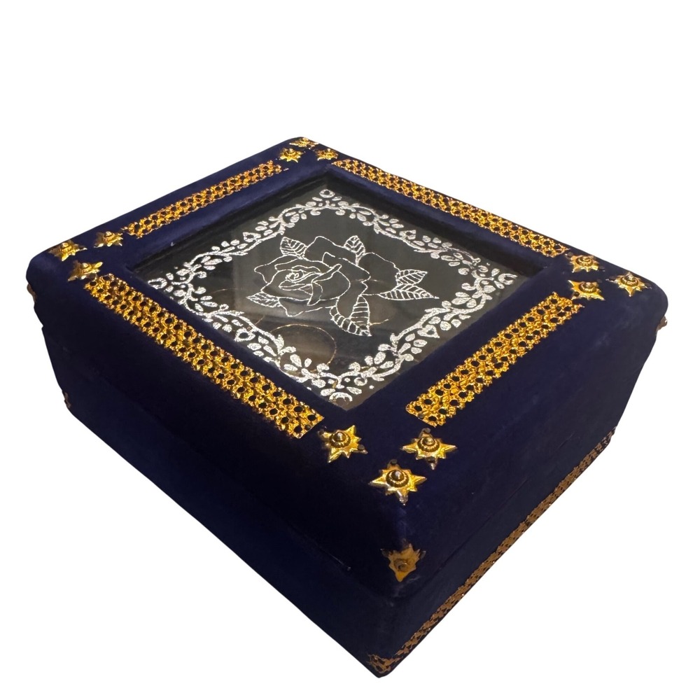 Vintage Blue Velvet Box Persian Design Glass Lid Ornate Trim Display Compartment